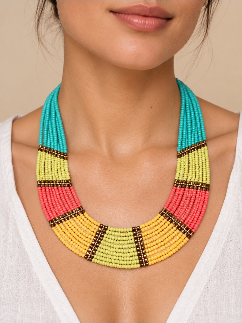 Stephen & Co Multi-Strand Beaded Collar Statement Necklace Coral Yellow Turq